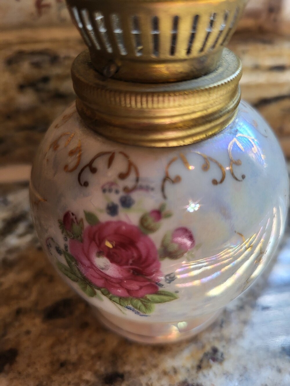 Porcelain 7.5 Inch Iredescent Rose Oil Lantern in White and Pink with Brass Trim - Picture 8 of 11